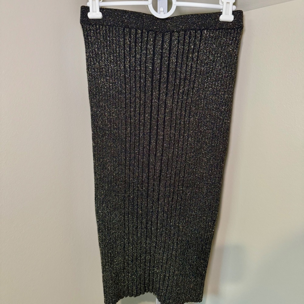 Carmen Marc Valvo Knit Skirt Gold Metallic Ribbed Pencil Career Party‎ - Picture 2 of 5